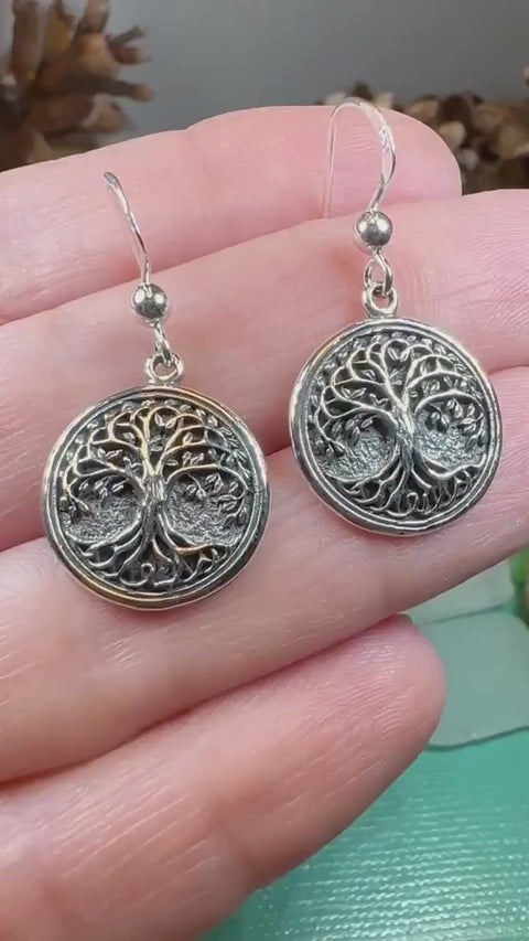 Load and play video in Gallery viewer, Tree of Life Earrings, Celtic Jewelry, Irish Jewelry, Norse Jewelry, Yoga Jewelry, Anniversary Gift, Tree Jewelry, Graduation Gift, Mom Gift
