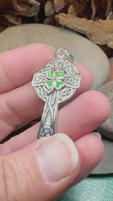 Load and play video in Gallery viewer, Celtic Cross Necklace, Celtic Jewelry, Irish Jewelry, Shamrock Cross Necklace, Irish Cross, Clover Jewelry, Ireland Jewelry, Confirmation

