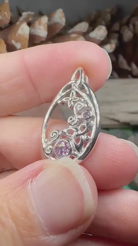 Load and play video in Gallery viewer, Celtic Knot Necklace, Celtic Jewelry, Irish Jewelry, Scottish Jewelry, Pink Topaz Pendant, Trinity Knot, Scotland Jewelry, Anniversary Gift
