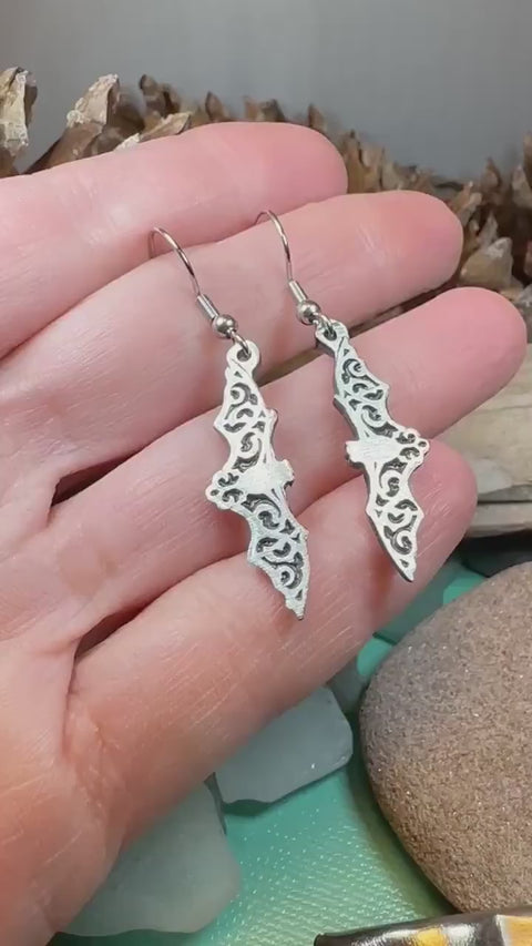 Load and play video in Gallery viewer, Gothic Bat Earrings, Celtic Jewelry, Pewter Bat Earrings, Victorian Earrings, Friendship Gift, Halloween Gift, Witch Jewelry, EA Poe Gift
