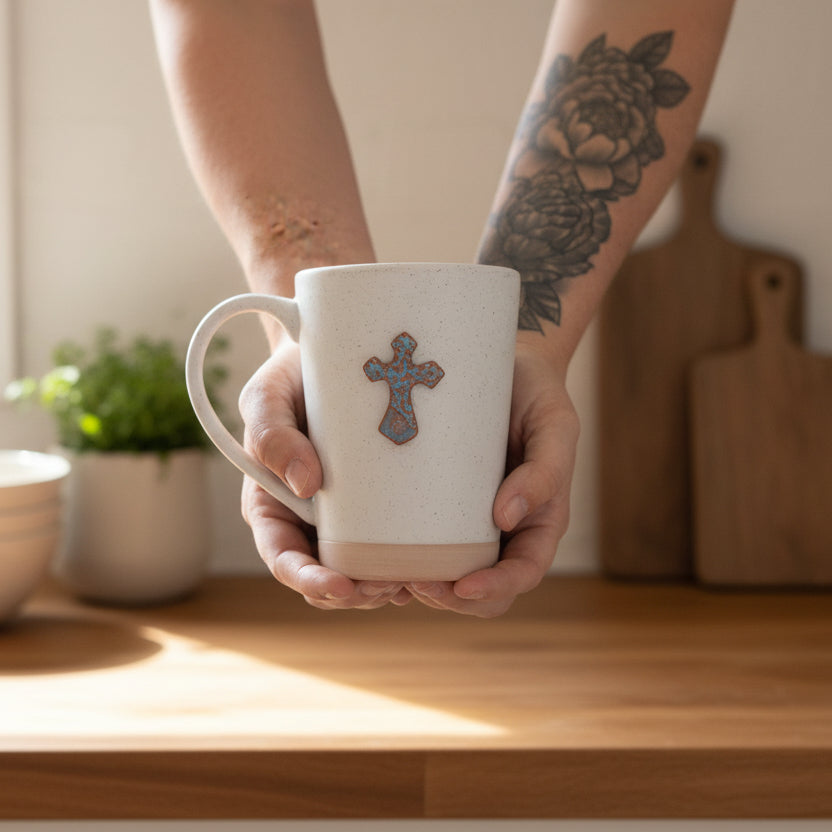 Handmade Pottery Cross Coffee Mug - Made in the U.S.A.