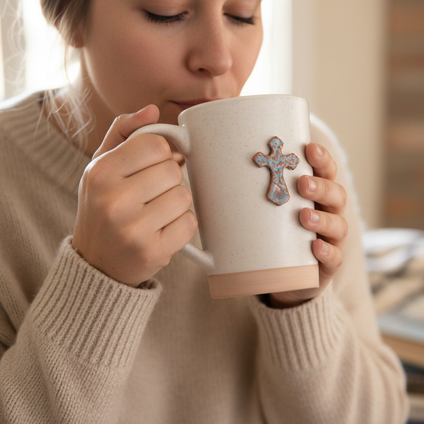 Handmade Pottery Cross Coffee Mug - Made in the U.S.A.