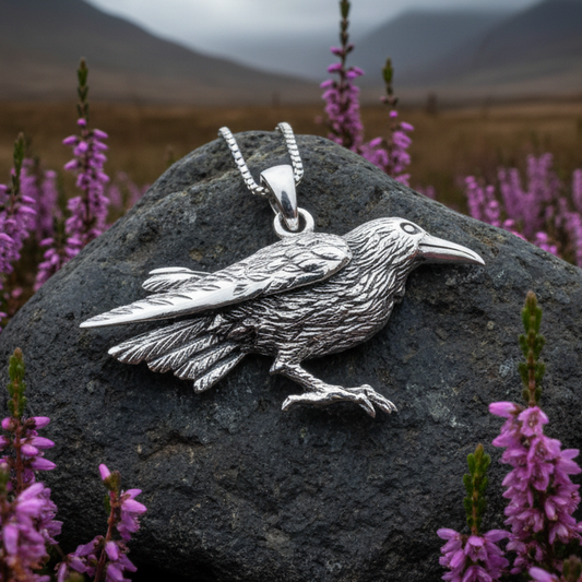 Eir Realistic Raven Necklace in Sterling Silver