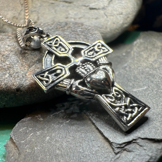 Galway Irish Claddagh Cross Necklace in Sterling Silver