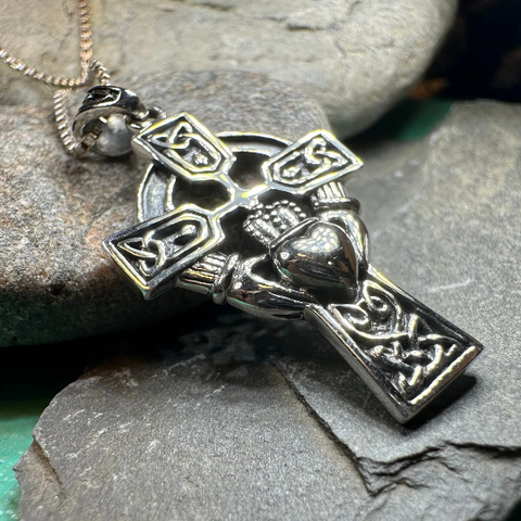 Load image into Gallery viewer, Galway Irish Claddagh Cross Necklace in Sterling Silver
