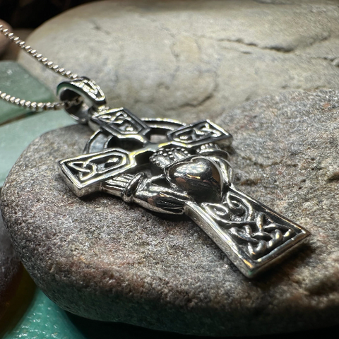 Load image into Gallery viewer, Galway Irish Claddagh Cross Necklace in Sterling Silver
