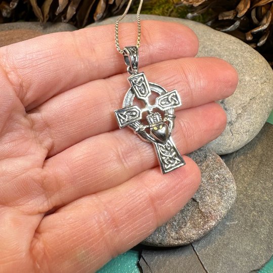 Galway Irish Claddagh Cross Necklace in Sterling Silver