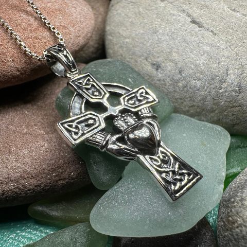 Load image into Gallery viewer, Galway Irish Claddagh Cross Necklace in Sterling Silver
