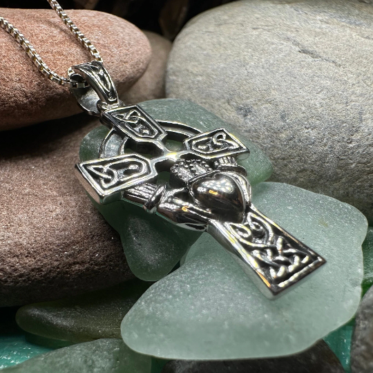Galway Irish Claddagh Cross Necklace in Sterling Silver