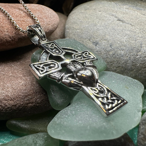 Load image into Gallery viewer, Galway Irish Claddagh Cross Necklace in Sterling Silver

