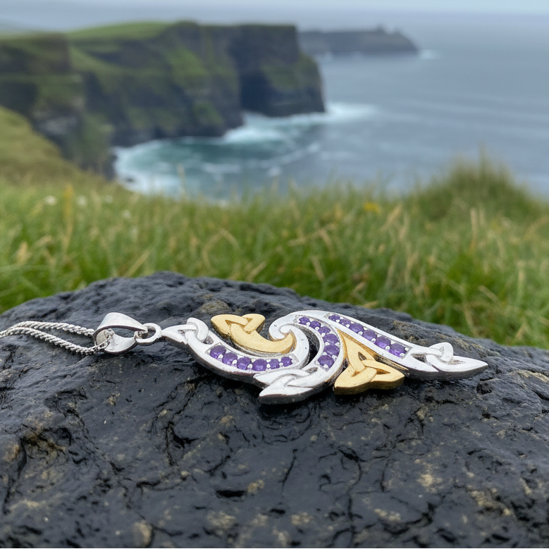 Mystic Trinity Knot Amethyst Necklace in Sterling Silver — view 4