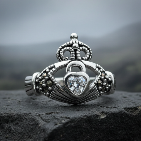 Load image into Gallery viewer, Devotion Marcasite Irish Claddagh Ring in Sterling Silver
