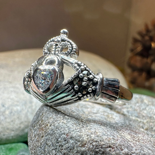 Devotion Marcasite Irish Claddagh Ring in Sterling Silver — view 4