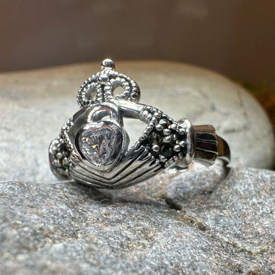 Devotion Marcasite Irish Claddagh Ring in Sterling Silver — view 2