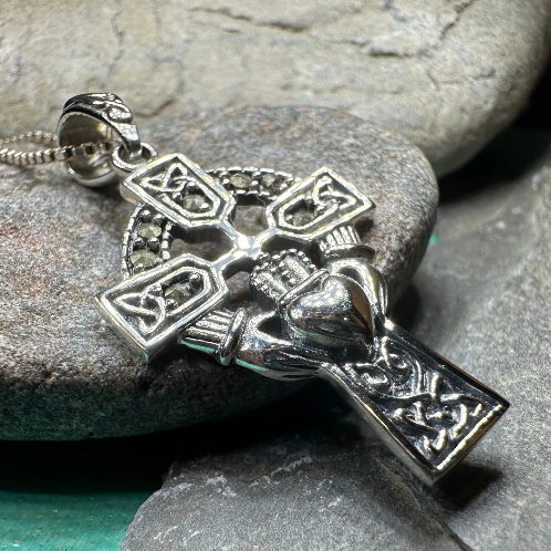 Marcasite Irish Claddagh Cross Necklace in Sterling Silver — view 4