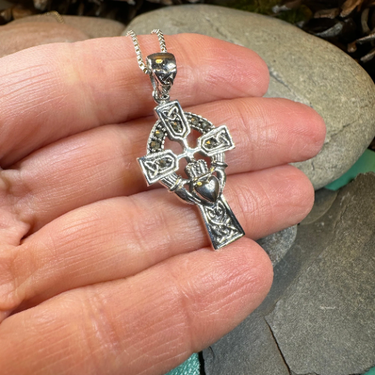 Marcasite Irish Claddagh Cross Necklace in Sterling Silver — view 10