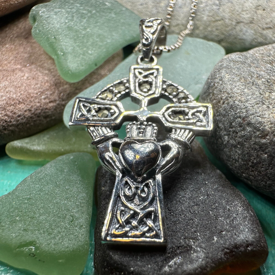 Marcasite Irish Claddagh Cross Necklace in Sterling Silver — view 7