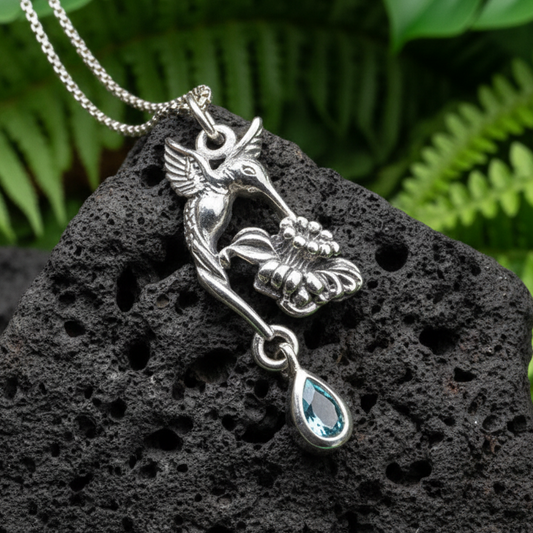 Summer Rain Hummingbird Necklace with Blue Topaz