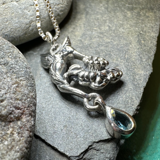 Summer Rain Hummingbird Necklace with Blue Topaz