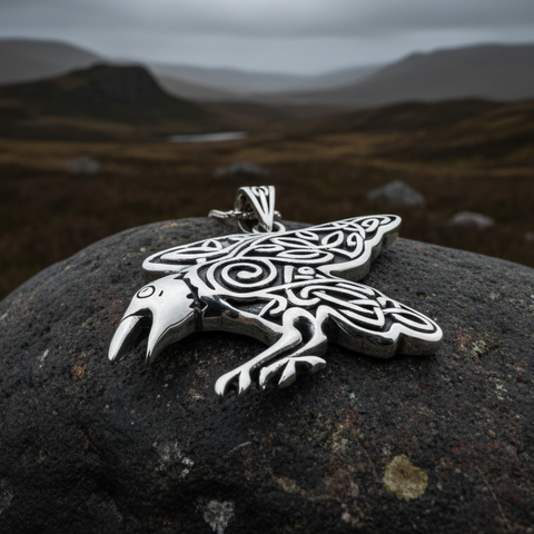 Load image into Gallery viewer, Dauntless Celtic Raven Necklace in Sterling Silver
