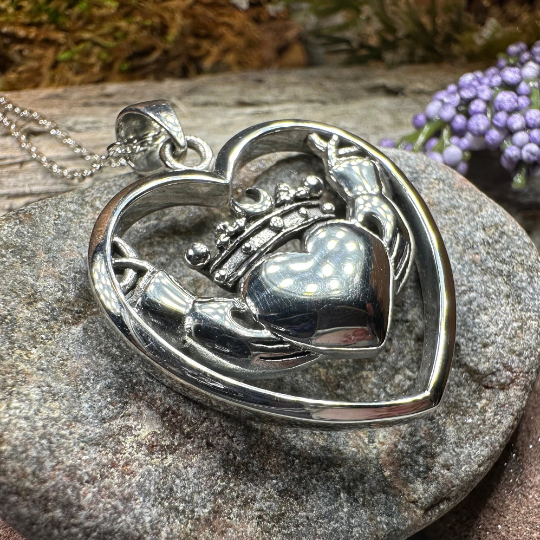 Celestial Moon Irish Claddagh Necklace in Sterling Silver — view 3