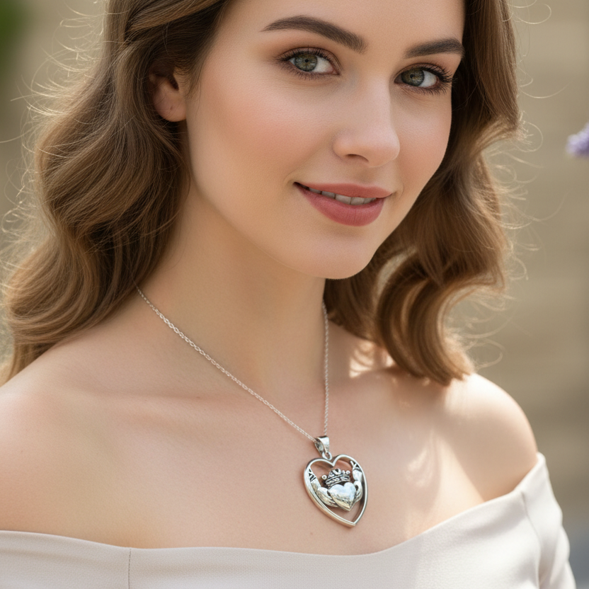 Celestial Moon Irish Claddagh Necklace in Sterling Silver — view 2