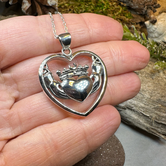 Celestial Moon Irish Claddagh Necklace in Sterling Silver — view 7