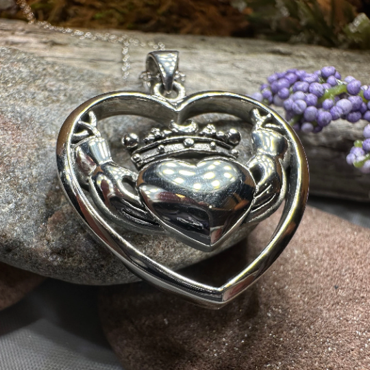 Celestial Moon Irish Claddagh Necklace in Sterling Silver — view 5