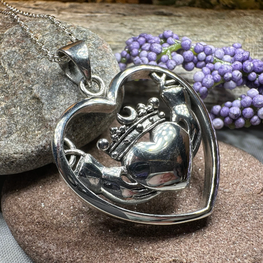Celestial Moon Irish Claddagh Necklace in Sterling Silver — view 6
