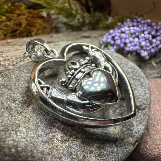 Celestial Moon Irish Claddagh Necklace in Sterling Silver — view 8