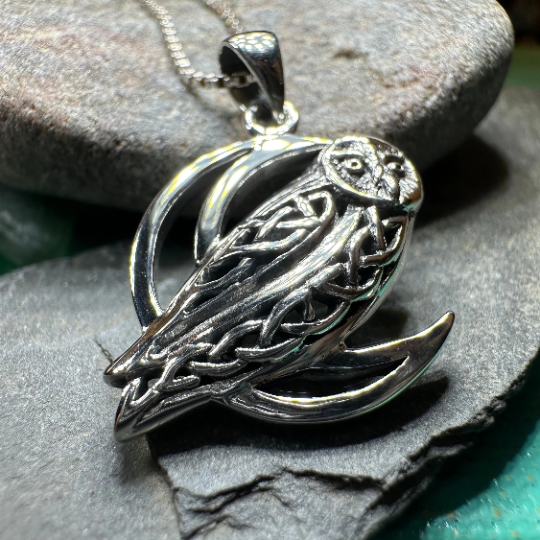 Celtic Crescent Moon Owl Necklace in Sterling Silver — view 5