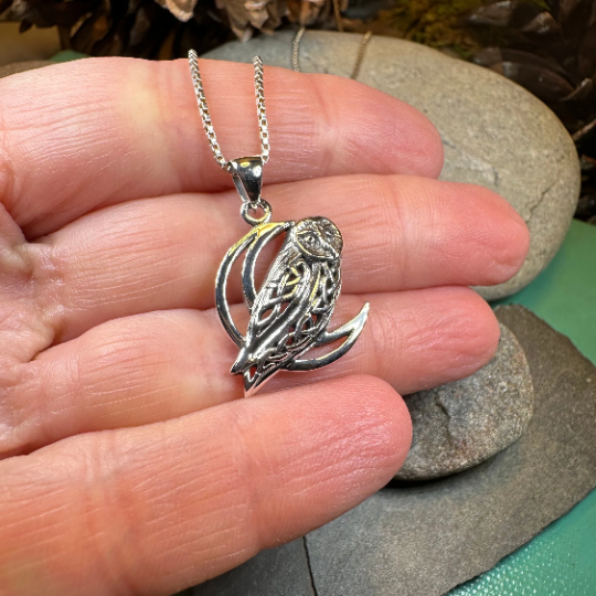 Celtic Crescent Moon Owl Necklace in Sterling Silver — view 8