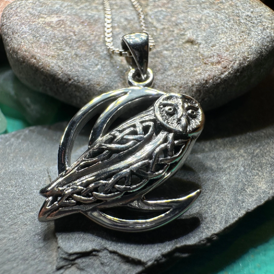 Celtic Crescent Moon Owl Necklace in Sterling Silver