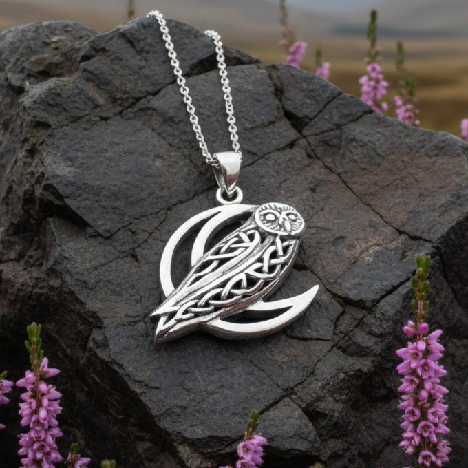 Celtic Crescent Moon Owl Necklace in Sterling Silver
