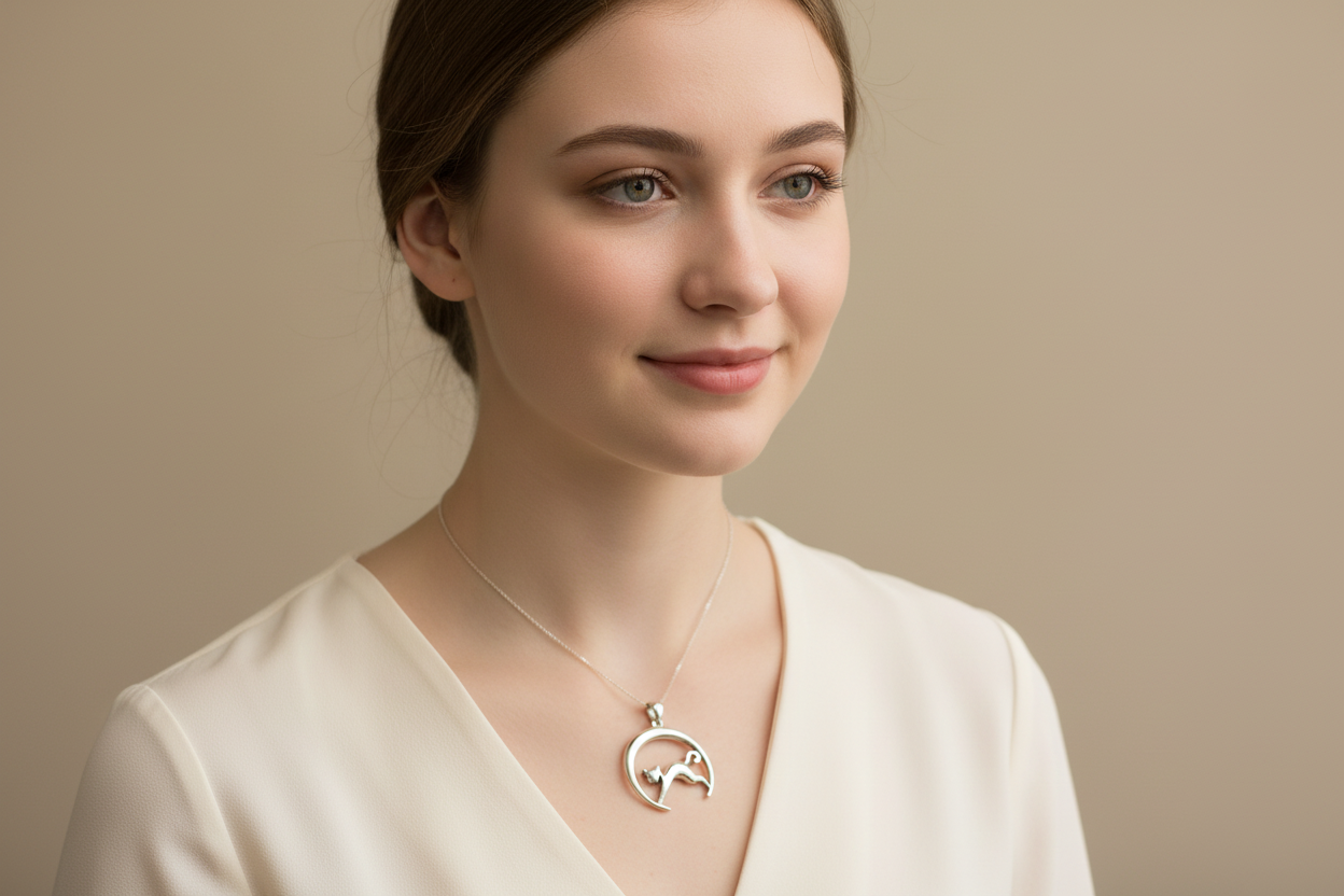 Crescent Moonrise Cat Necklace in Sterling Silver