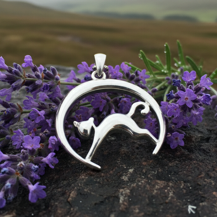 Crescent Moonrise Cat Necklace in Sterling Silver