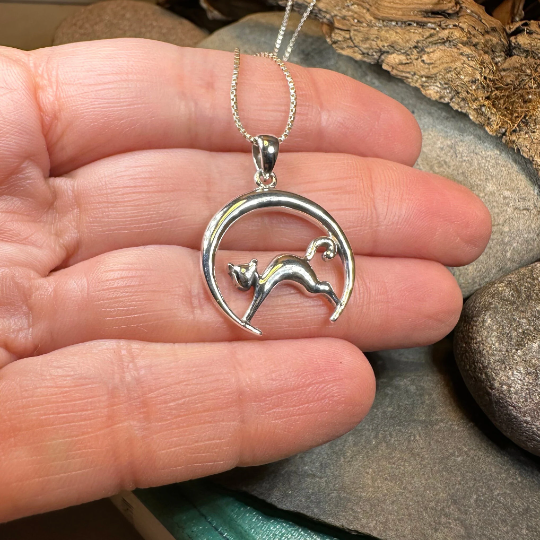 Crescent Moonrise Cat Necklace in Sterling Silver