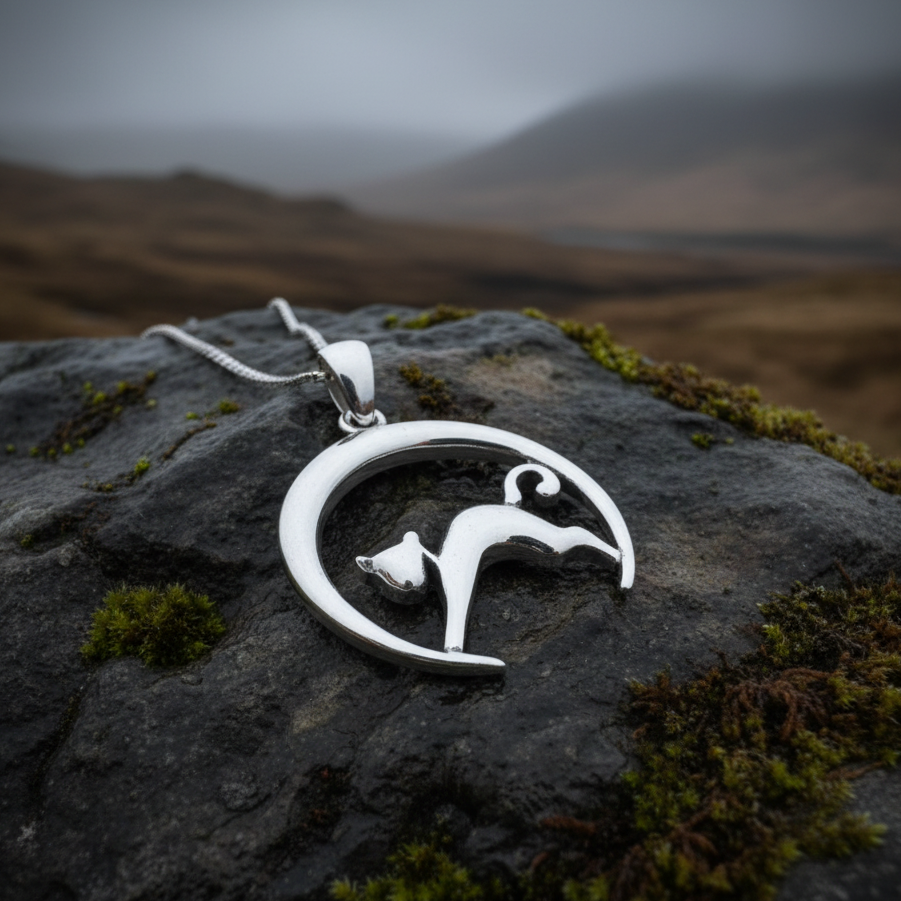 Crescent Moonrise Cat Necklace in Sterling Silver