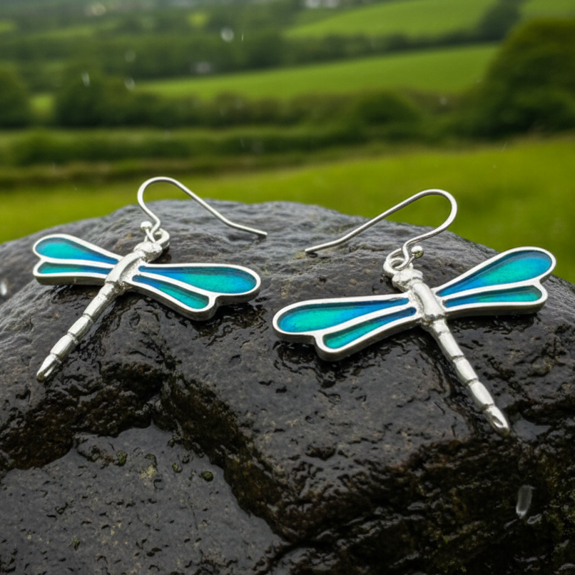 Blue Dragonfly Dangle Earrings for Women in pewter