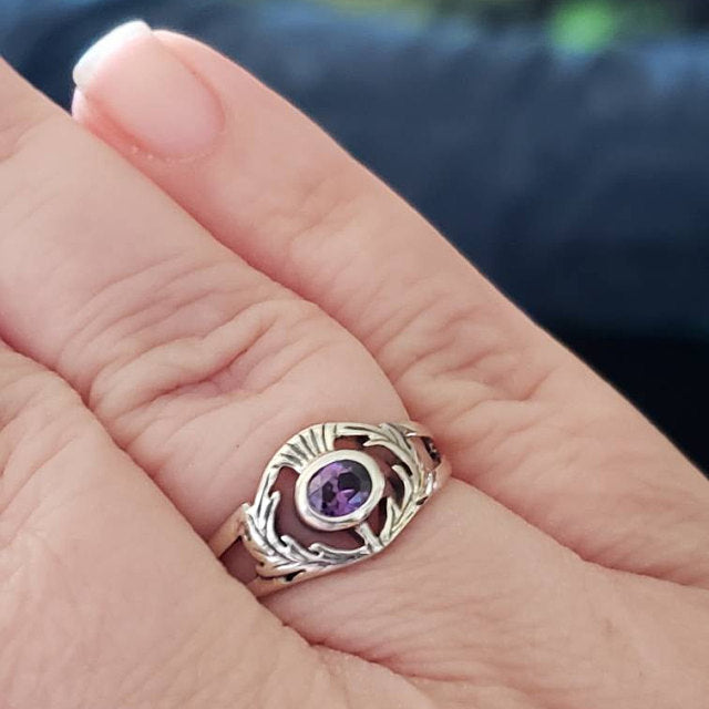 Sterling silver Scottish thistle ring with amethyst - thistle jewelry