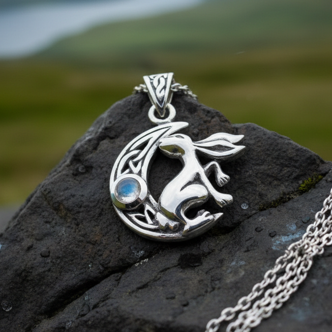 Celtic Rabbit Moon Necklace with Moonstone in sterling silver
