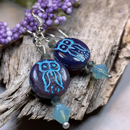 Mystical Blue Owl Earrings in silver