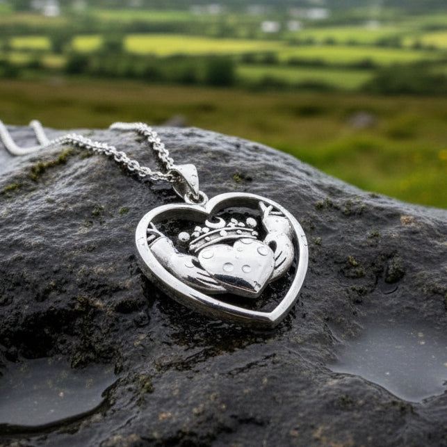 Celestial Moon Irish Claddagh Necklace in Sterling Silver — view 4