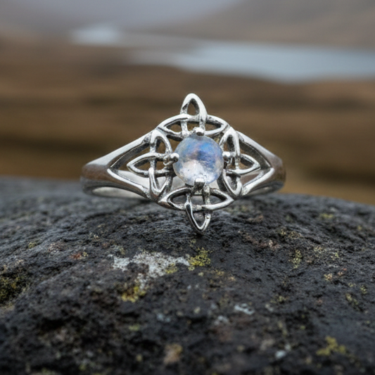 Celtic Starshine Moonstone Ring in Sterling Silver