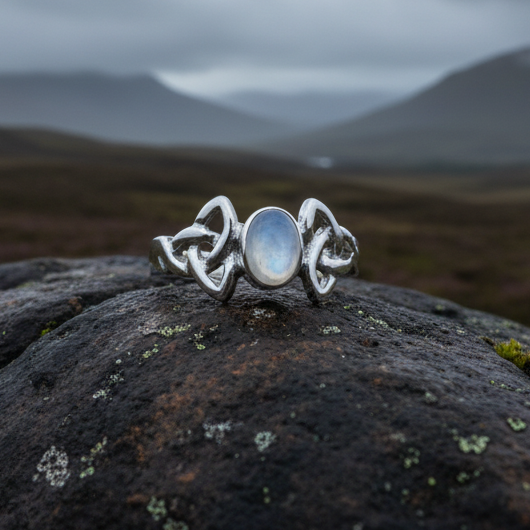 Damask Trinity Knot Moonstone Ring in Sterling Silver
