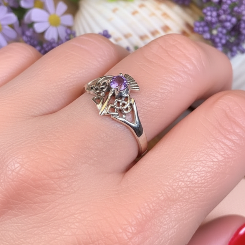Ailean Scottish Thistle Amethyst Ring in Sterling Silver — view 9