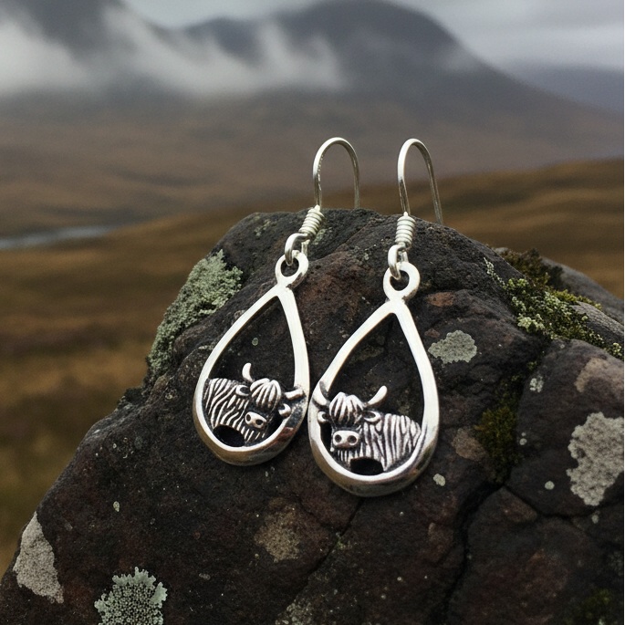 Galloway Scottish Highland Cow Earrings in Sterling Silver