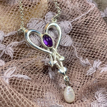 Load image into Gallery viewer, Celtic Heart Necklace, Scotland Jewelry, Love Knot Jewelry, Mackintosh Jewelry, Anniversary Gift, Amethyst Necklace, Art Deco Jewelry
