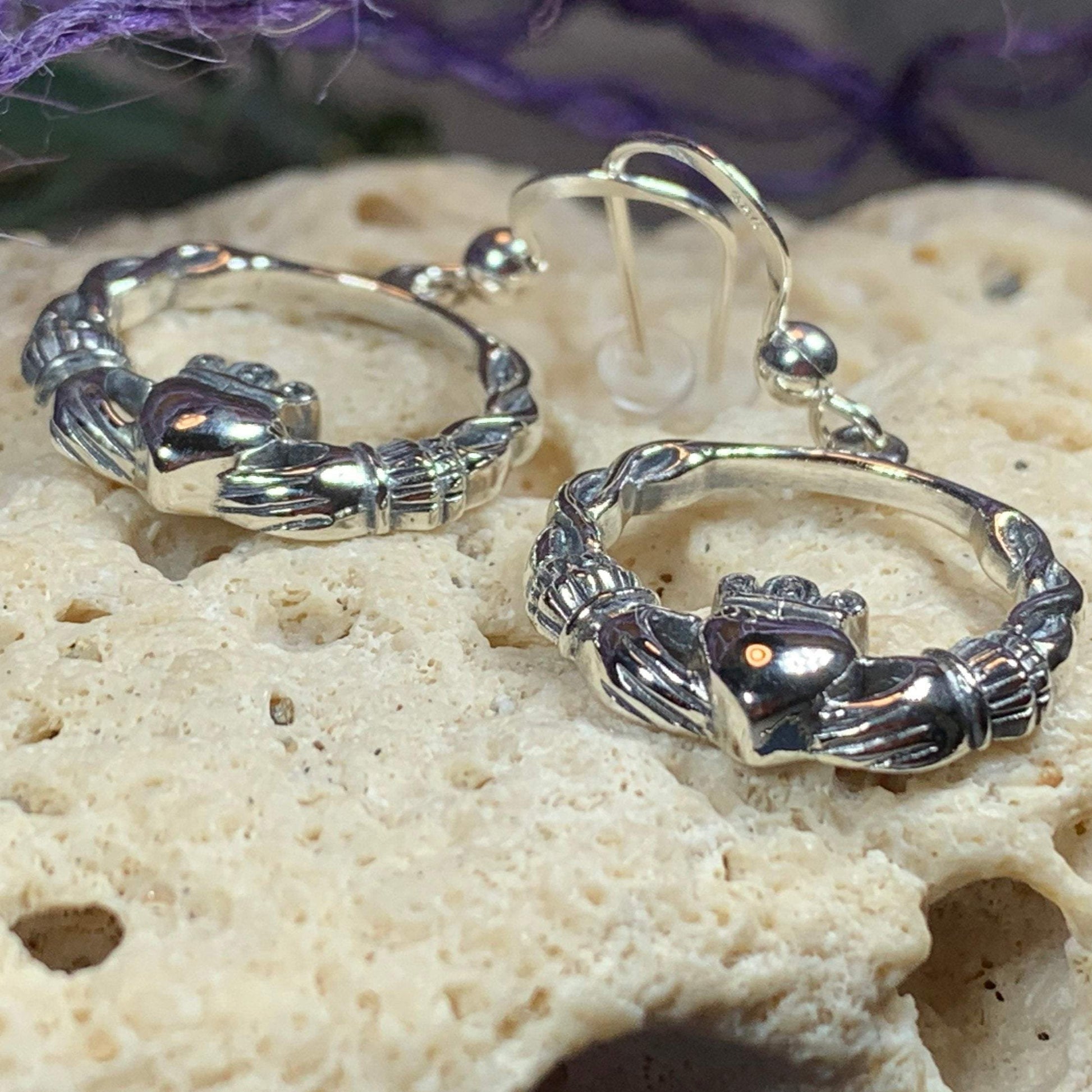 Traditional Irish Claddagh earrings symbolizing love, loyalty and friendship. Sterling silver Irish jewelry Celtic Crystal Designs