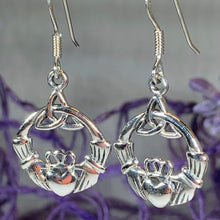 Load image into Gallery viewer, Traditional Irish Claddagh earrings symbolizing love, loyalty and friendship. Sterling silver Irish jewelry Celtic Crystal Designs
